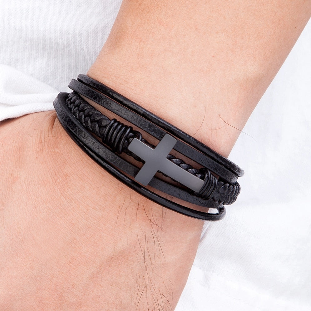 Stainless Steel Cross Design Men's Leather Bracelet