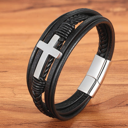 Stainless Steel Cross Design Men's Leather Bracelet