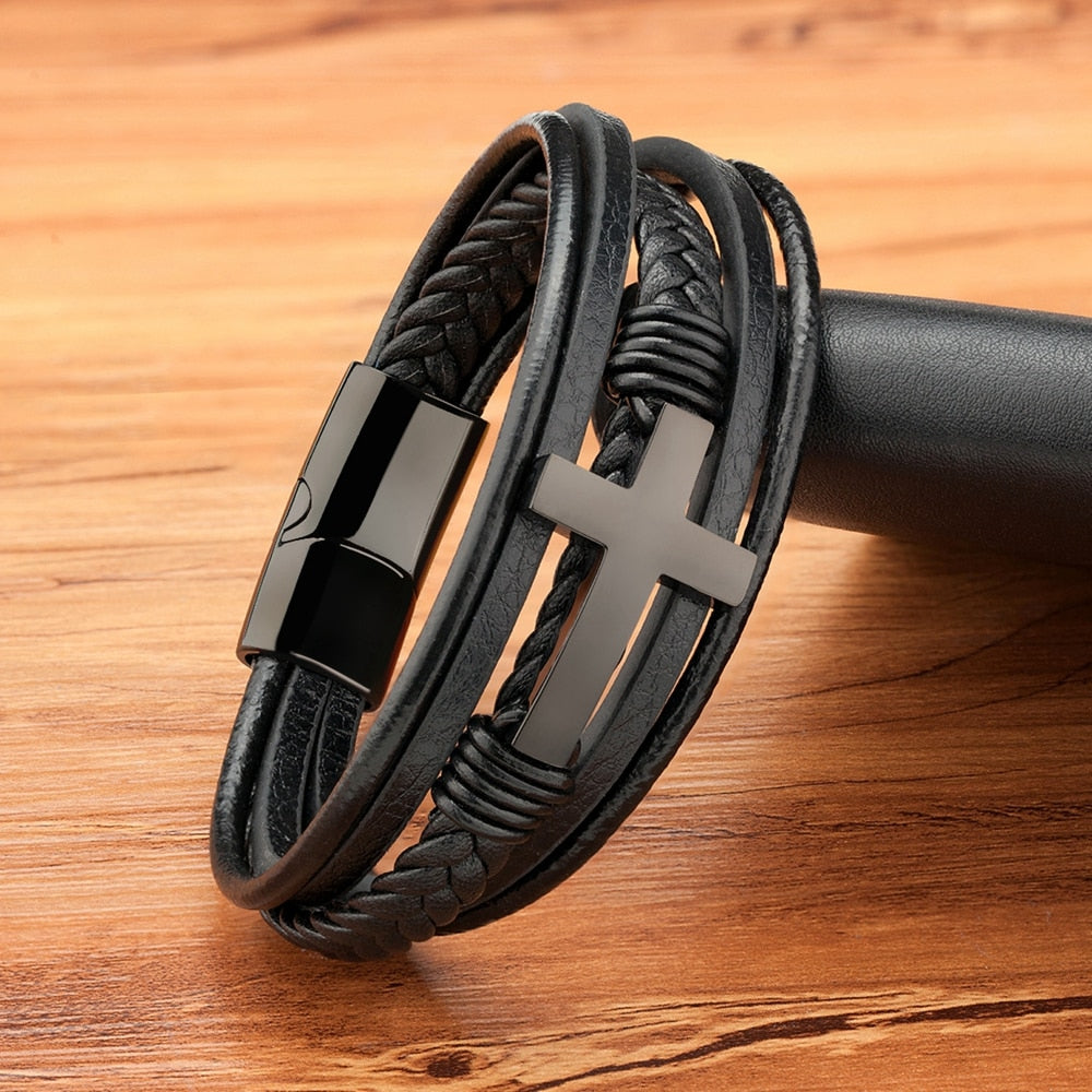 Men's Leather Bracelet With Cross Design
