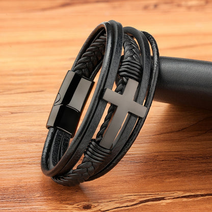 Men's Leather Bracelet With Cross Design