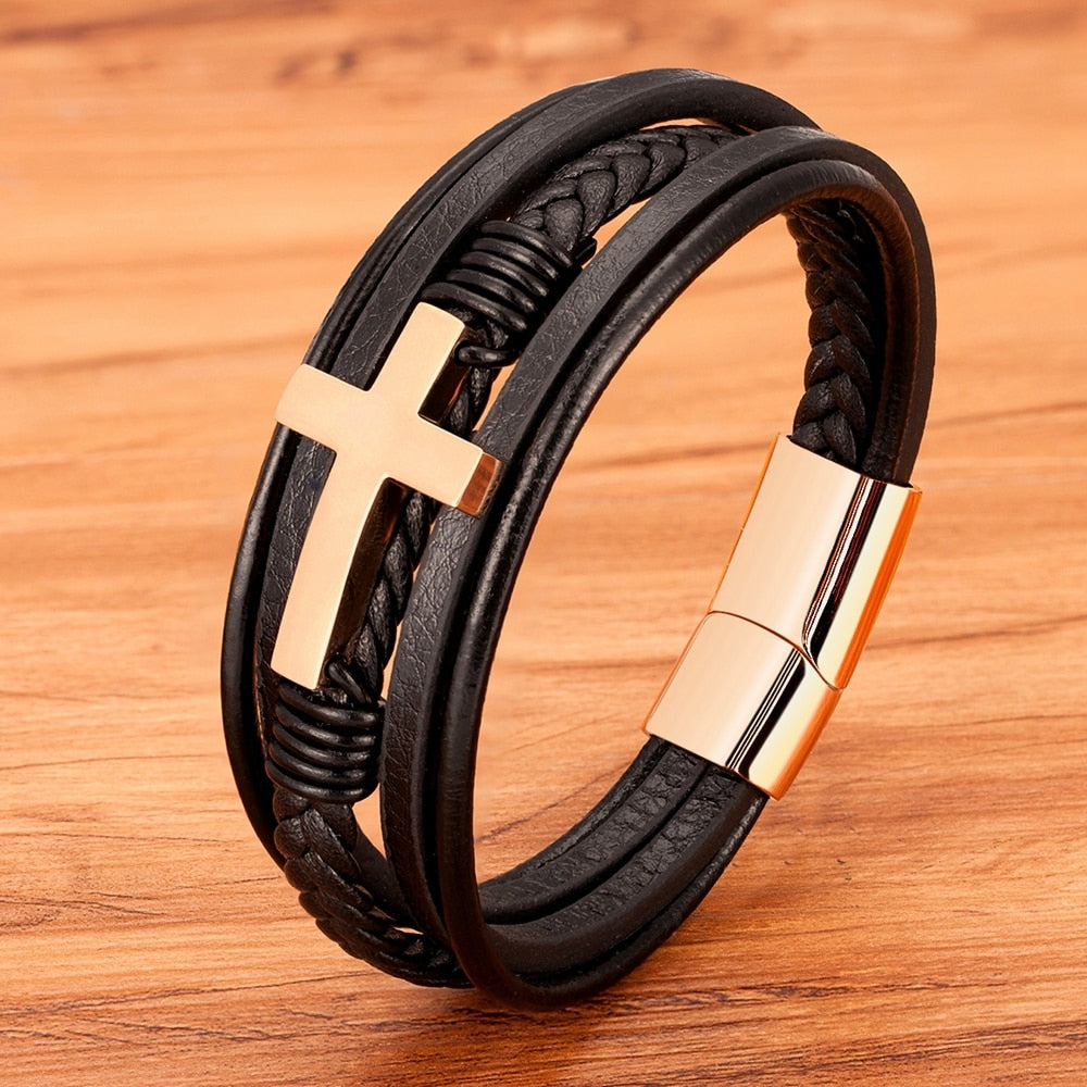 Stainless Steel Cross Design Men's Leather Bracelet