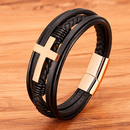 Stainless Steel Cross Design Men's Leather Bracelet