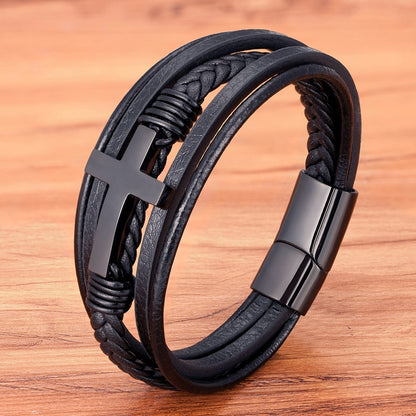 Men's Leather Bracelet With Cross Design