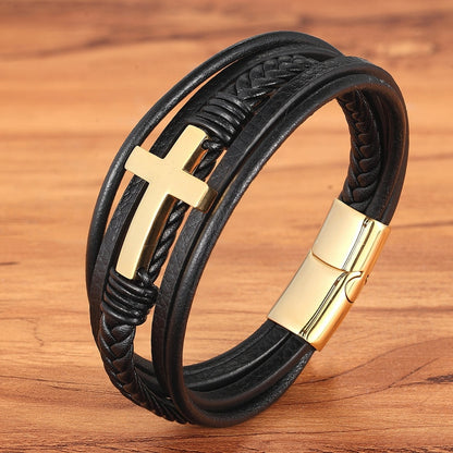 Men's Leather Bracelet With Cross Design