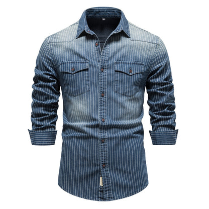 Men's Denim Striped Long Sleeve button Up Shirt