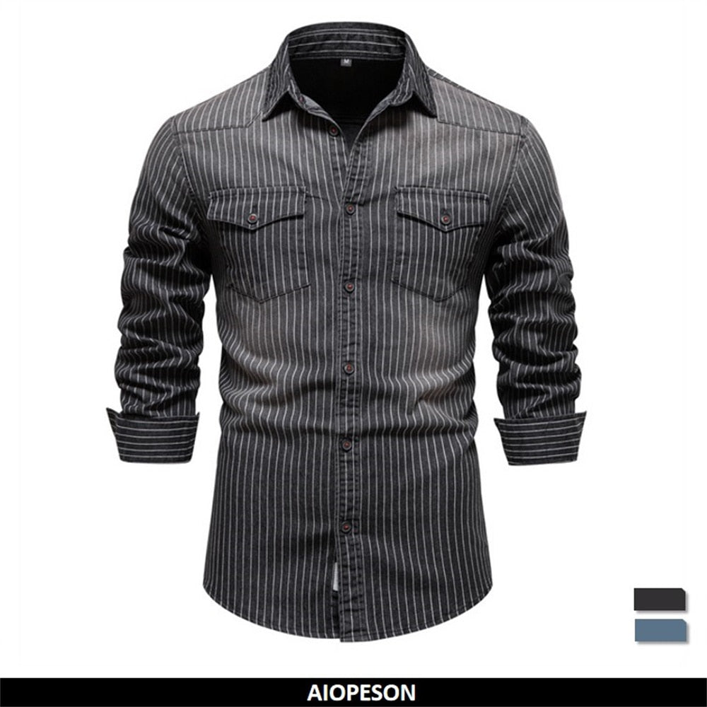 Men's Denim Striped Long Sleeve button Up Shirt