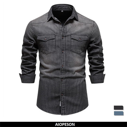 Men's Denim Striped Long Sleeve button Up Shirt