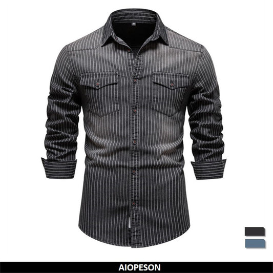 Men's Denim Striped Long Sleeve button Up Shirt