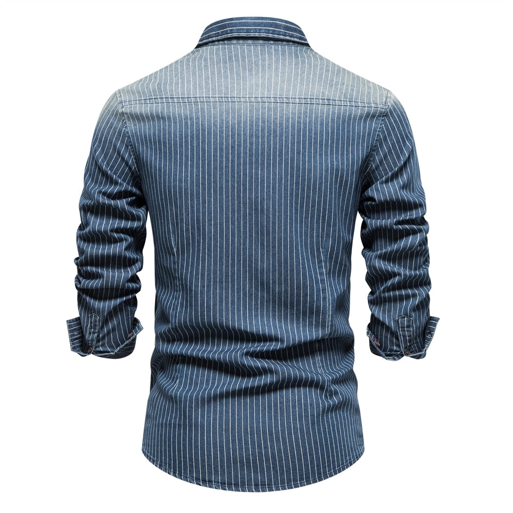 Men's Denim Striped Long Sleeve button Up Shirt